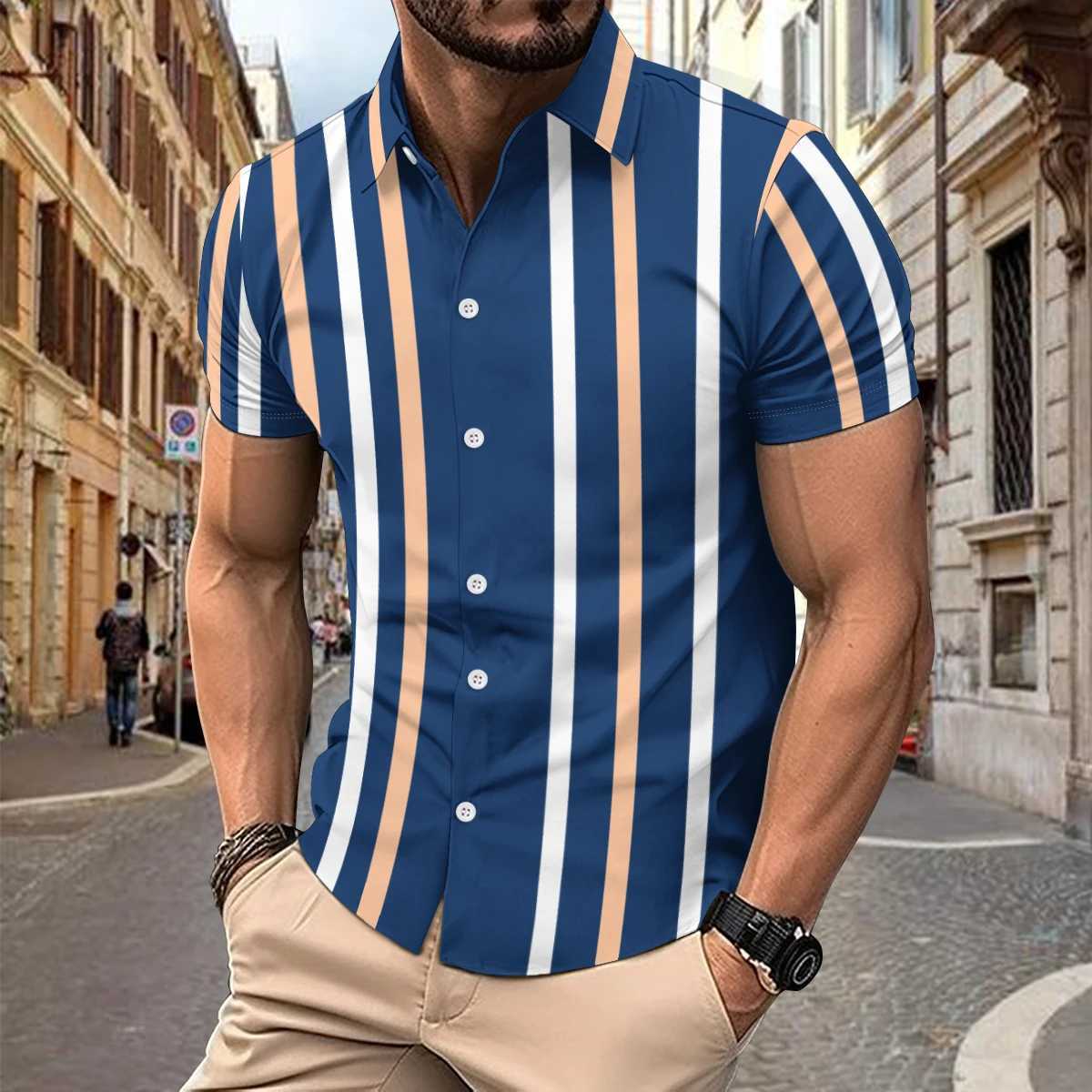 Men's Casual Shirts 2023 new summer mens casual vertical striped lapel shirt Mens slim fashion high quty strt clothing hot selling shirt T240507