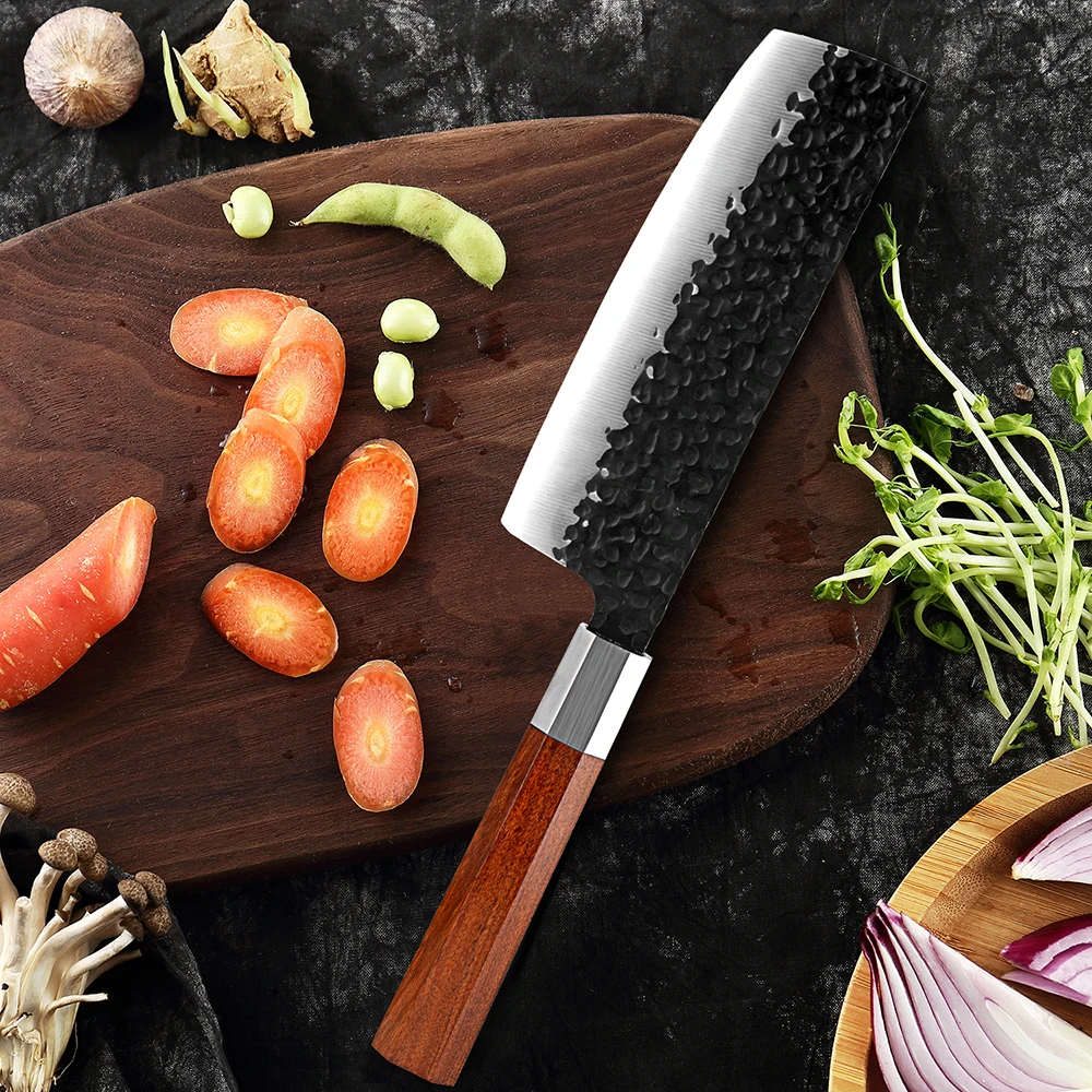 Japanese Nakiri Chef Knife 7 Inch Pro Nakiri Knife Hand Forged Vegetable Kitchen Knife High Carbon Steel Knife Octagonal Handle