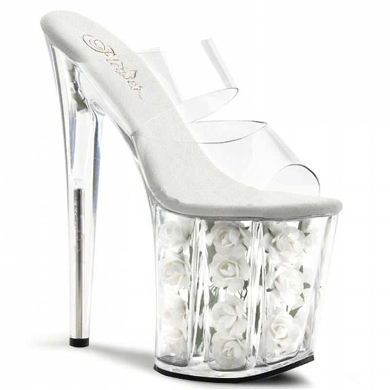 Rncksi 20 cm Clear Crystal Sandals Super High Heel Thin Heel Flower Waterproof Platform High Nightclub Model Sexy Appeal