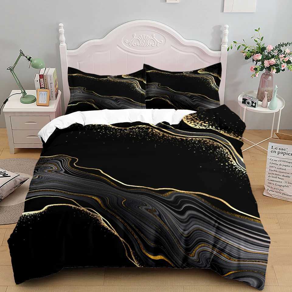 Sängkläder sätter abstrakt svart guld marmor täcke täcke set kuddar gröna tvilling drottning kung storlek sängkläder set nordisk lyxdesigner quilt cover j240507