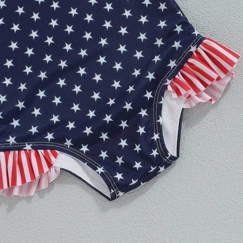 One-Pieces Little Girl 4th of July Swimsuit Star Print Striped Square Neck Tie-Up Spaghetti Strap Bathing Suit Infant Toddler Swimwear H240508