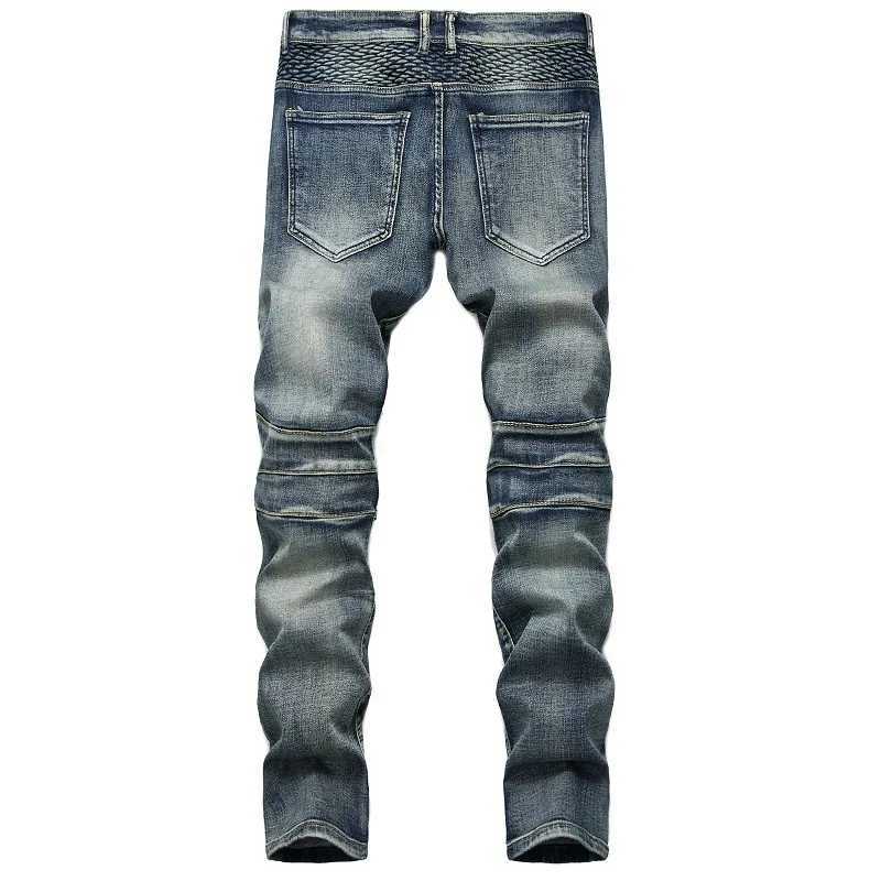 2024 NIEUWE MENS PATCH WERK FASHICYCLEANS HIP Hop Ultra dun een rechte elastische fiets denim broek heren vrijetijdstraatbroer J240507