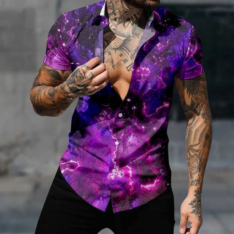 Camicie casual da uomo camicia hawaiana casual uomo spaziale moda top a strumento a strisce Y2K harajuku 3d stampa 3d accogliente slve beach uomini abbigliamento y240506