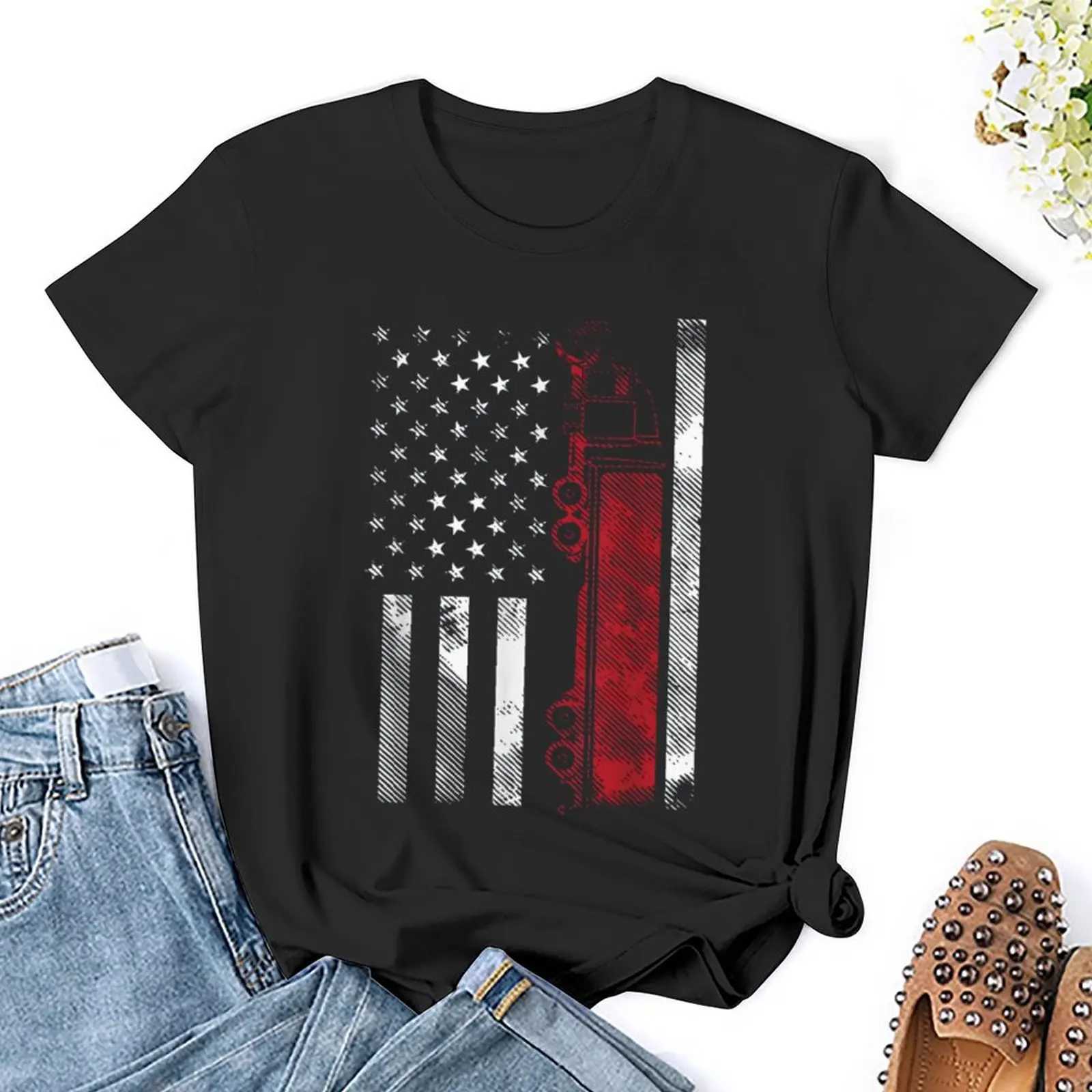 Kvinnors t-shirt oss amerikansk flagga semi truck förare 18 whler truc tryck skjorta grafisk skjorta avslappnad kort slved kvinnlig t-shirt storlek s-4xl y240506