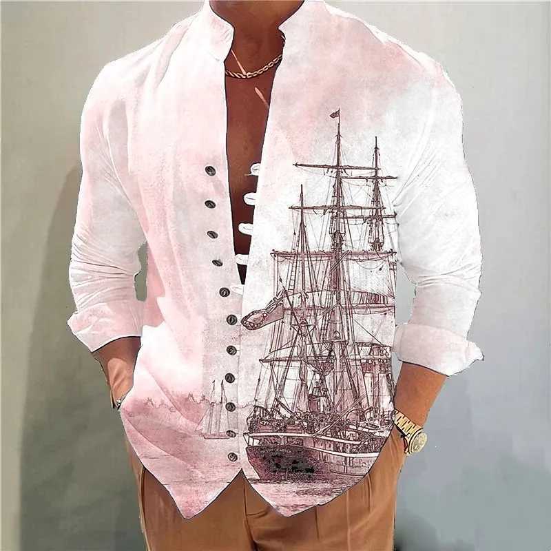 Casual shirts heren heren dagelijkse casual gesp vintage vest kraag bedrukt shirt long slve klassiek shirt mode slank shirt t240507