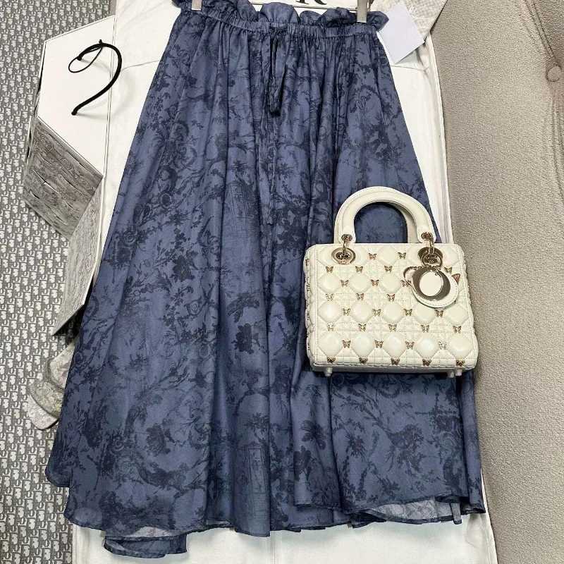 Skirts Grey blue pink floral pleats Midi skis 2024 new spring/summer high-quality clothingL2405