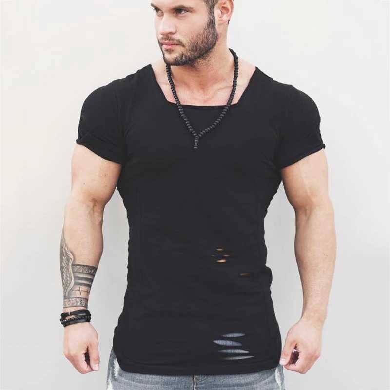T-shirts masculins Muscleguys marque 2023 Nouvelle mode solide Ripped t-shirt masculin hip hop étendue t-shirt hommes détruire le trou de coton t-shirt homme t240508