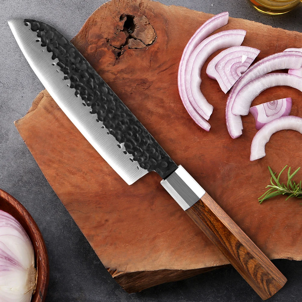 Japanese Santoku Knife 7 Inch High Carbon Steel Hand Forged Knife Kitchen Chef Knife Chopping Knife with Octagonal Handle