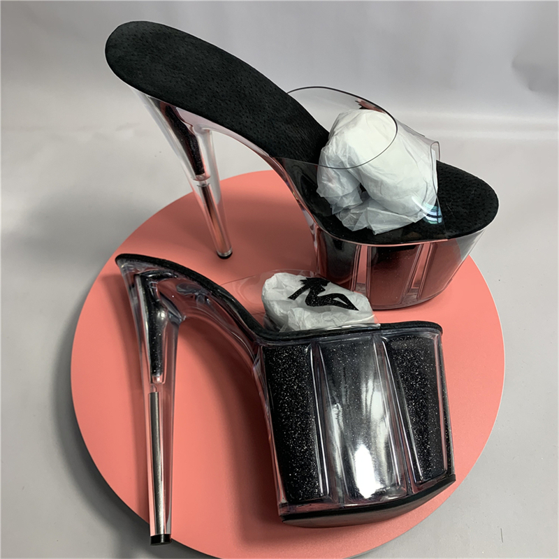 Tacón de tacón ultra delgado plataforma de plataforma de cristal del tacón delgado Zapatos de club nocturno de lentejuelas de 20 cm de altura zapatillas de tacón alto para mujeres