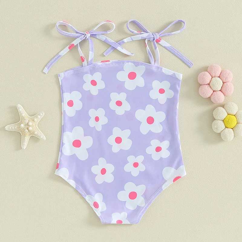 One-Pieces Toddler Infant Baby Girl Swimsuit Sleeveless Square Neck Flower Print Tie Up Bathing Suit Summer Beach Wear H240508