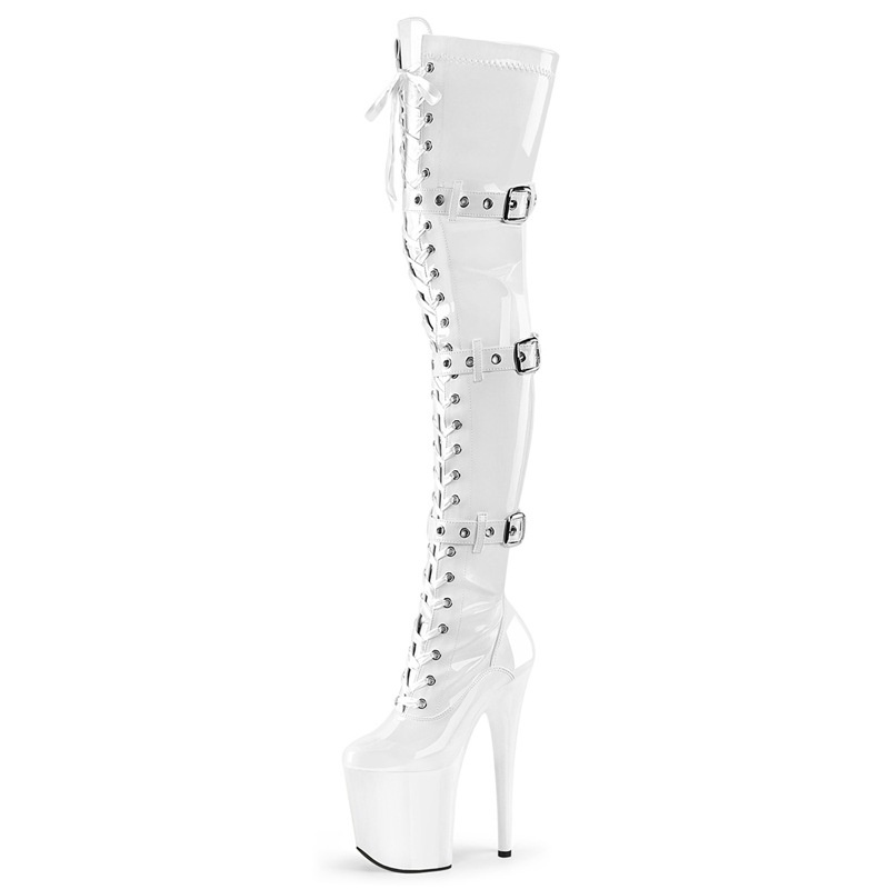 20 cm High Heels Platform Knee Black Band étroit Pu Lady Chaussures 8 pouces White Stripper Club New Gothic Shoes Boots Femme