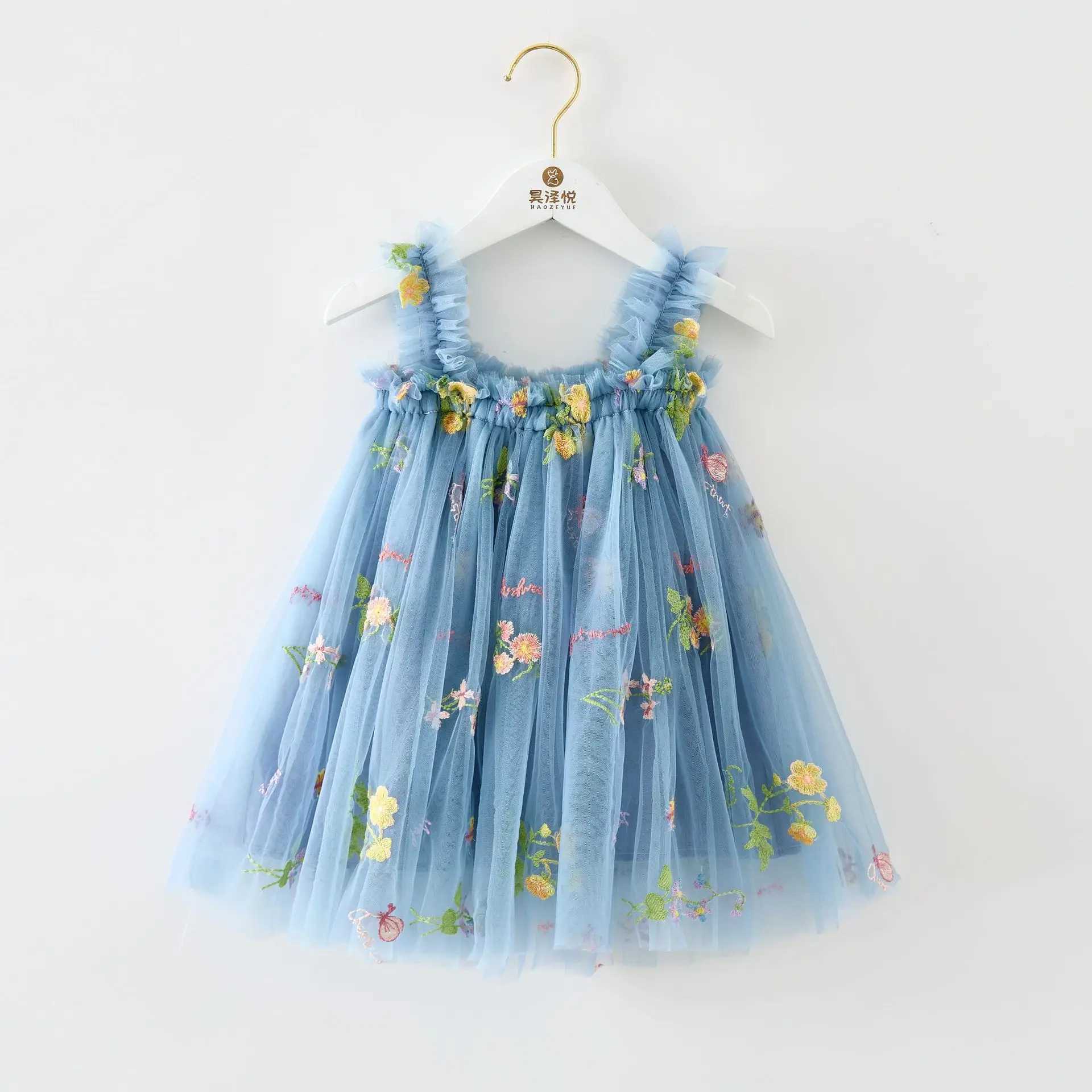 Meisjesjurken zomer zoete bloem geborduurde babymeisje jurk hoogwaardige gaas hanger babymeisje kleding verjaardag prinses schattig baby jurk240508