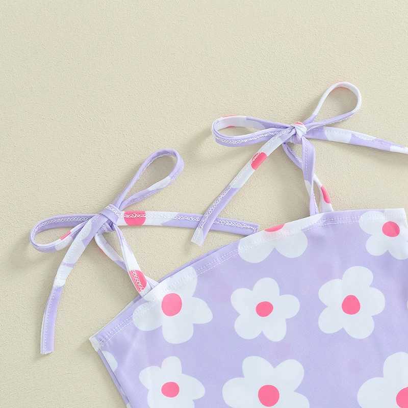 One-Pieces Toddler Infant Baby Girl Swimsuit Sleeveless Square Neck Flower Print Tie Up Bathing Suit Summer Beach Wear H240508