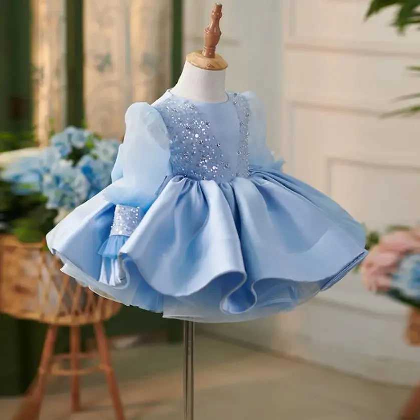 Christening dresses High end childrens princess evening dress with bow and pearl sequin design wedding birthday baptism Eid al Fitr party girl Q240507