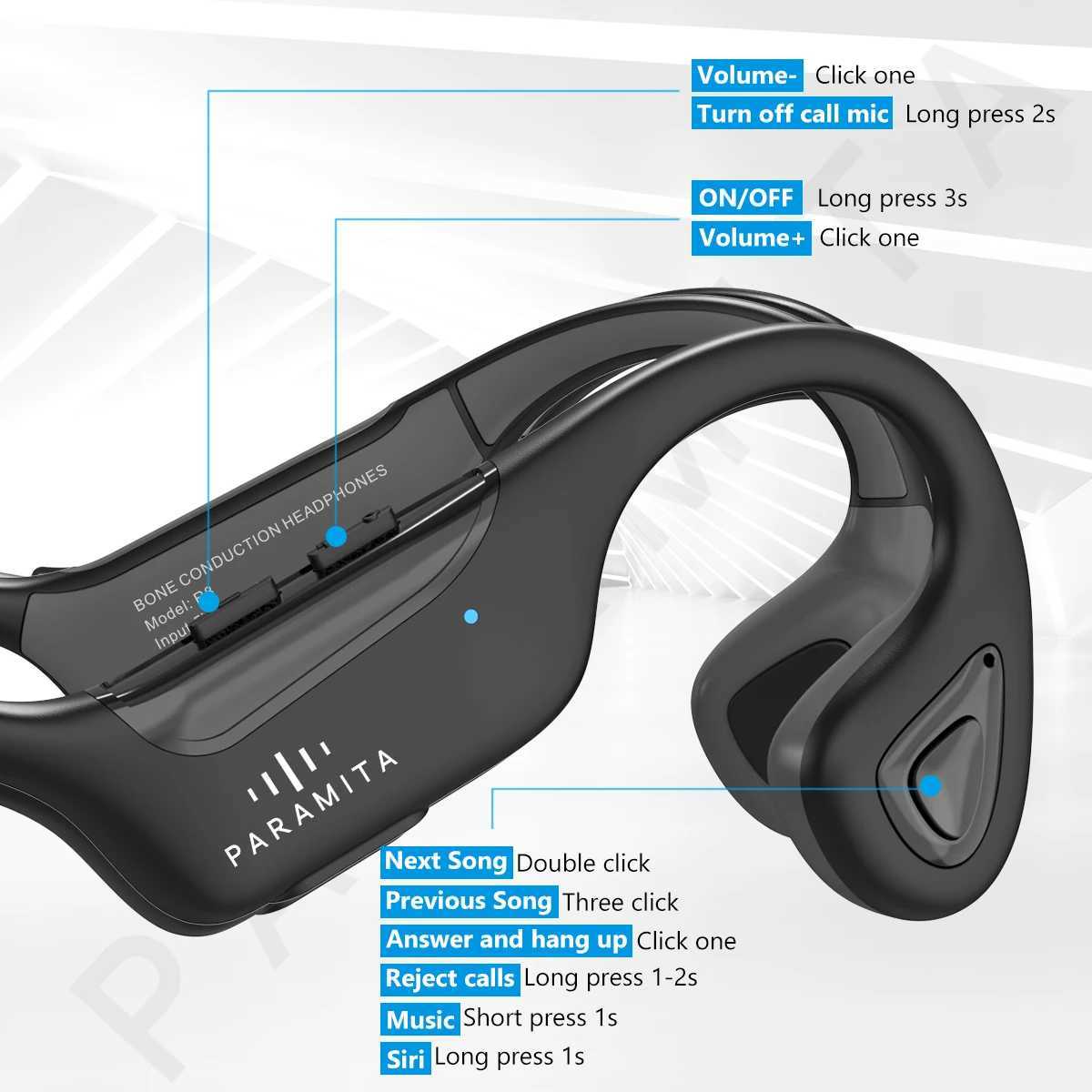Headsets Paramita Real Bone Conduction Écouteurs Bluetooth Wireless BT5.3 Écouteurs sportifs imperméables avec microphone pour faire de l'exercice et exécuter J240508