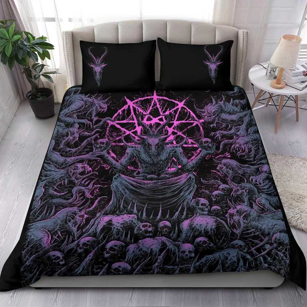 Sängkläder set skalle satanisk getskalle ner täcken täcke set trofé demon ras sängkläder set natt blå rosa satanisk baphome täcke täcke j240507