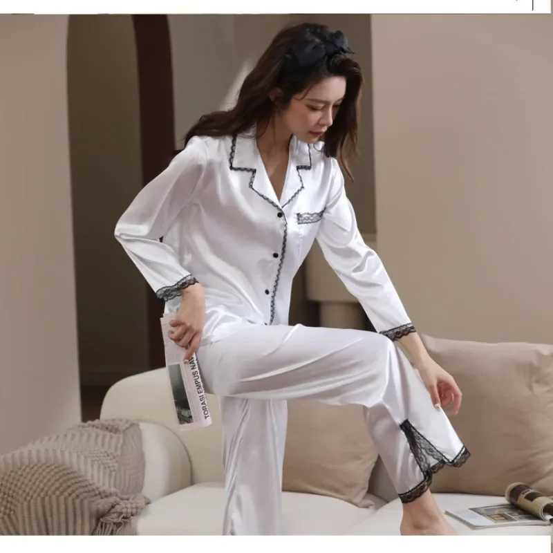 Women's Sleep Lounge 2024 NY SIMULATERAD SILK PASE KVINNA PAJAMAS Tvådelar Set Long Female House Lounge Spring Autumn Elegant Colst Solid Sleepwear