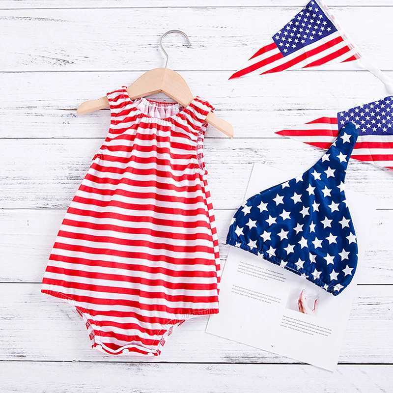 Rompers 4 juillet Baby Rompers Budge Boys Boys Stripe Crew Cou Nou Sans manches Bodys Constitution d'été avec plaquette d'impression étoilée H240508