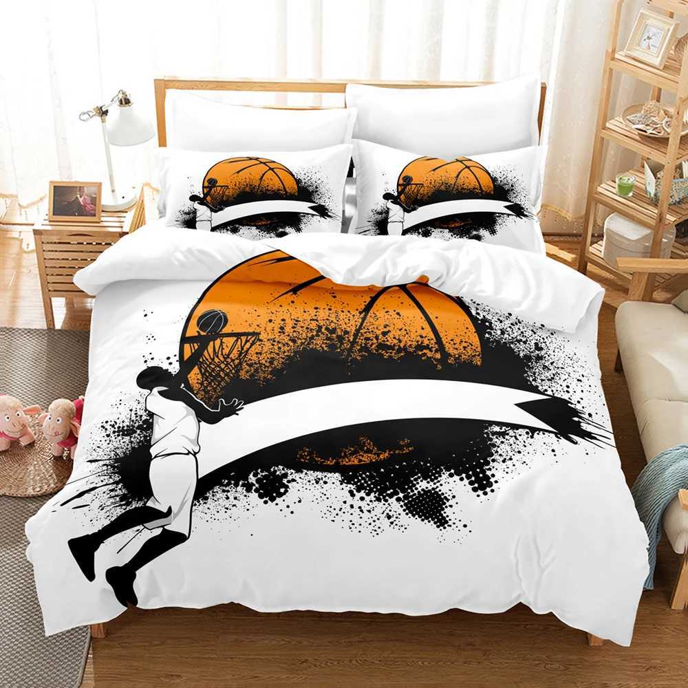 Beddengoed sets basketbal down dekbedovertrek Queen Set Boys and Girls Sports Game Comfort Cover Black Graffiti Bed Cover Sports Bed Cover J240507