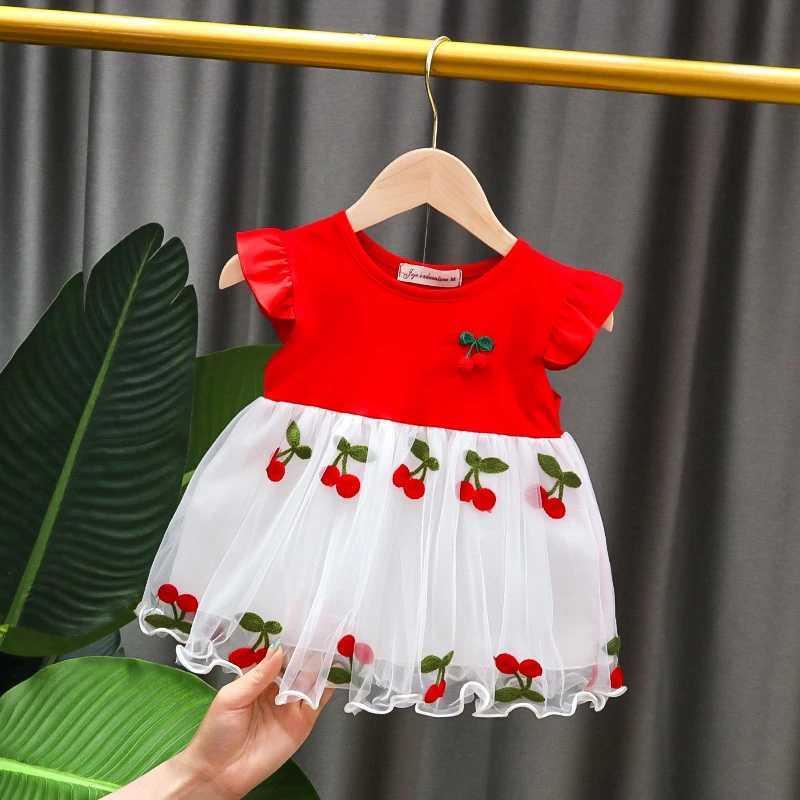 Abiti da ragazza Summer Baby Girl Dress Assumente Cherry Lace Sheer Patch Shirt Shirt Round Neck Abito da ragazza Abito Princess 0-3YL240508