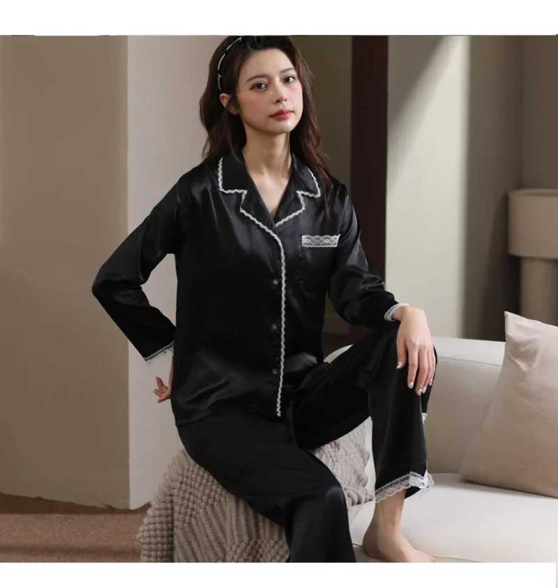 Women's Sleep Lounge 2024 NY SIMULATERAD SILK PASE KVINNA PAJAMAS Tvådelar Set Long Female House Lounge Spring Autumn Elegant Colst Solid Sleepwear