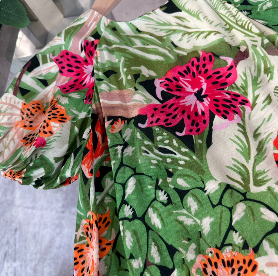 Girls Begonia flower printed falbala dresses kids designer princess clothing summer children puff sleeve beach holiday dress Z8025