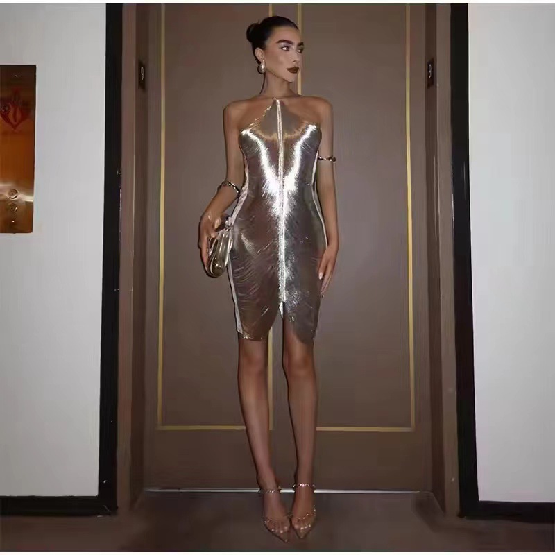 Sexy Fashion Metallic Calter Mini Dress for Women Female bez rękawów Bez pleca