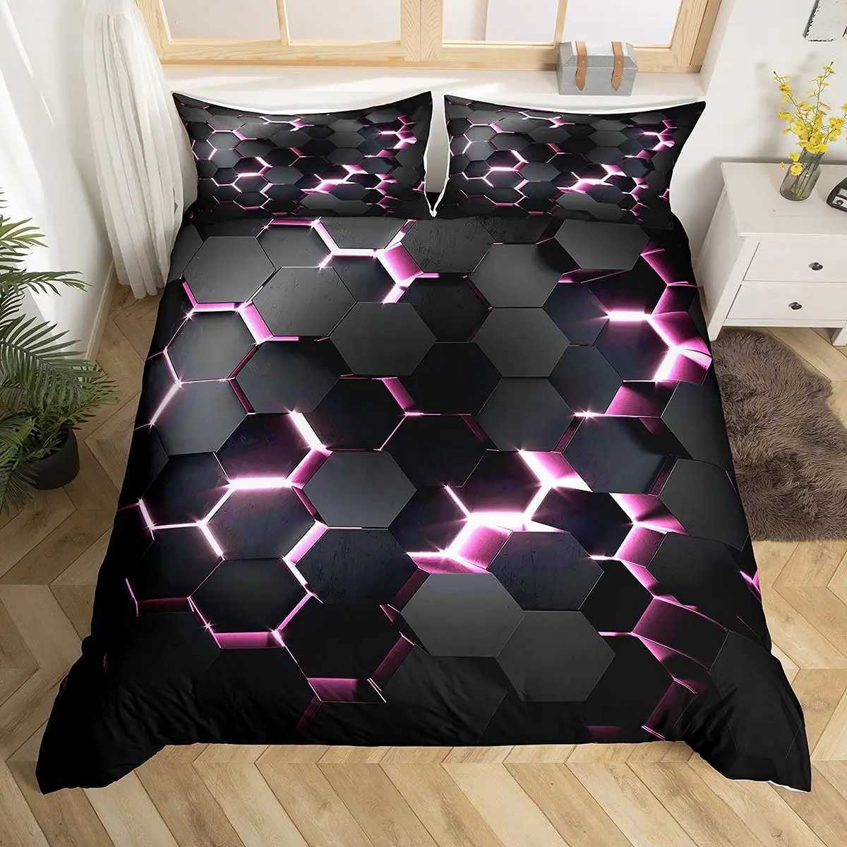 Set di biancheria da letto 3D geometrica giù copripiumino set di biancheria da letto geometrica a grandezza naturale a fattura esagonale blu rosa blu luce comoda set di coperture comode j240507