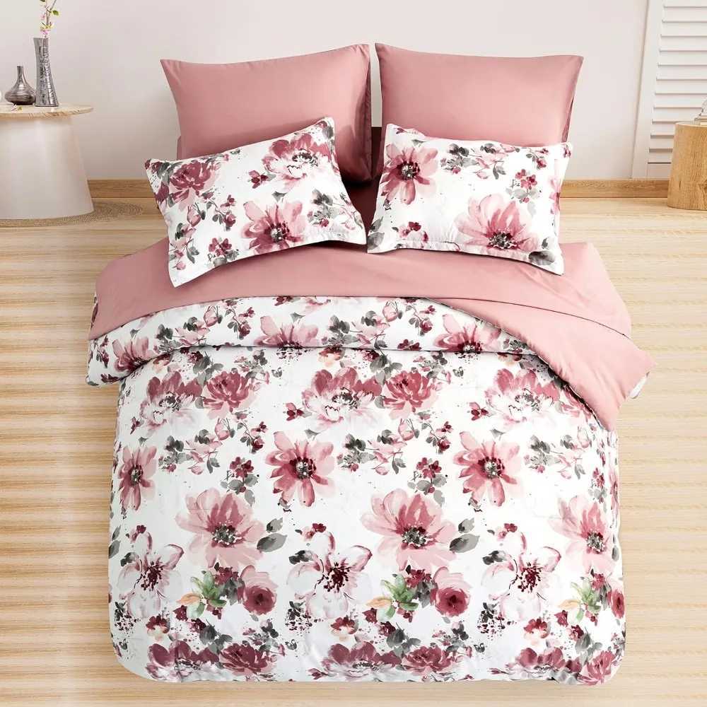 Set di biancheria da letto set di 7 pezzi rosa con un letto con una borsa morbida in fibra ultra-fine set completo di biancheria da letto tutte le stagioni comfort floreale set extra grande J240507