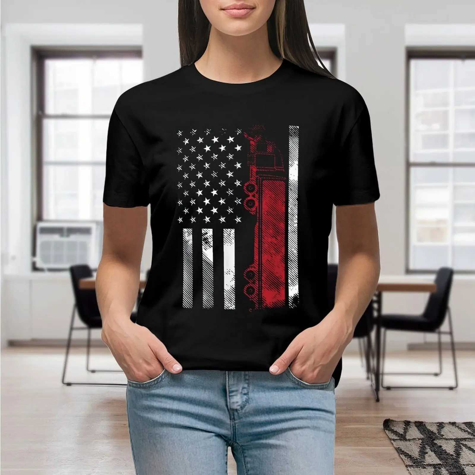 Kvinnors t-shirt oss amerikansk flagga semi truck förare 18 whler truc tryck skjorta grafisk skjorta avslappnad kort slved kvinnlig t-shirt storlek s-4xl y240506