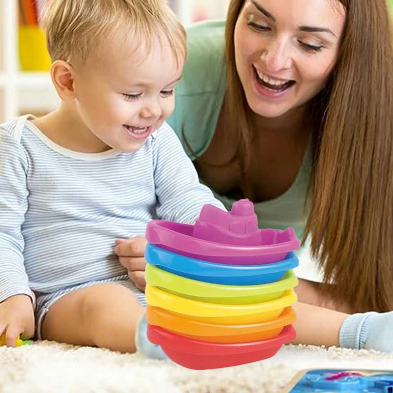 Bath Toys Stacking Cup Bad speelgoed voor kinderen kleurrijke vouwbootvorm toren vroege educatieve baby speelgoed zwembad strand speelgoed cadeaus d240507