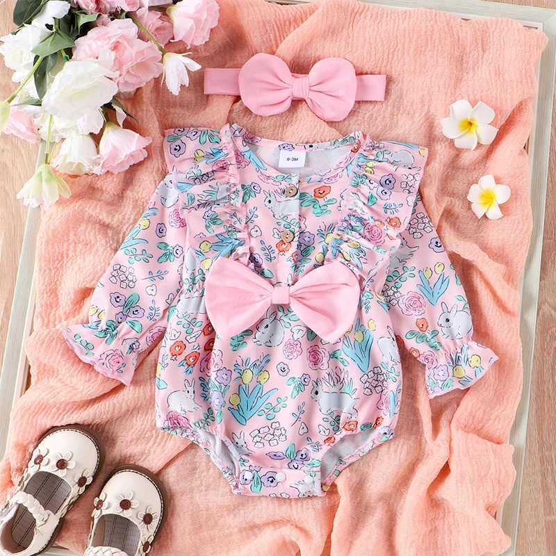 Rompers Baby Girl Easter Outfits Spring Long Sleeve Bow Front Ruffle Romper with Headband Set Infant Clothes H240508