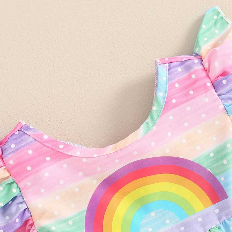 Flickans klänningar Suefunskry Little Girl Rainbow Dress Casual Cute Dot Printed Flying Sleeves Round Neck Dress Preschool Summer Dressl240508