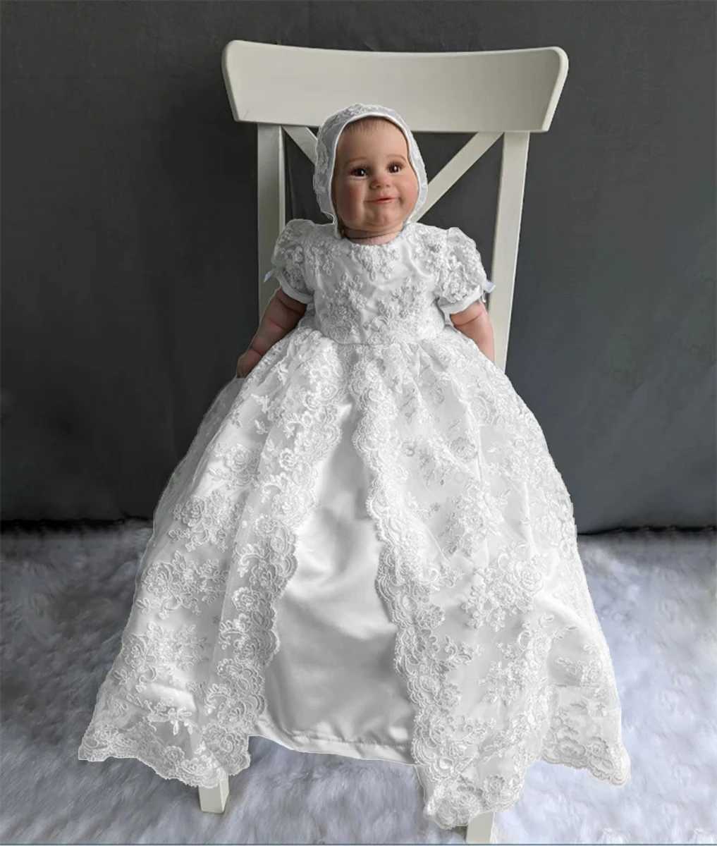 Sukienki chrzcowe Baby Girls Sukienka z koralikami koronkowe puff rękawy Noworodki 2 sztuki proste ślub Q240507