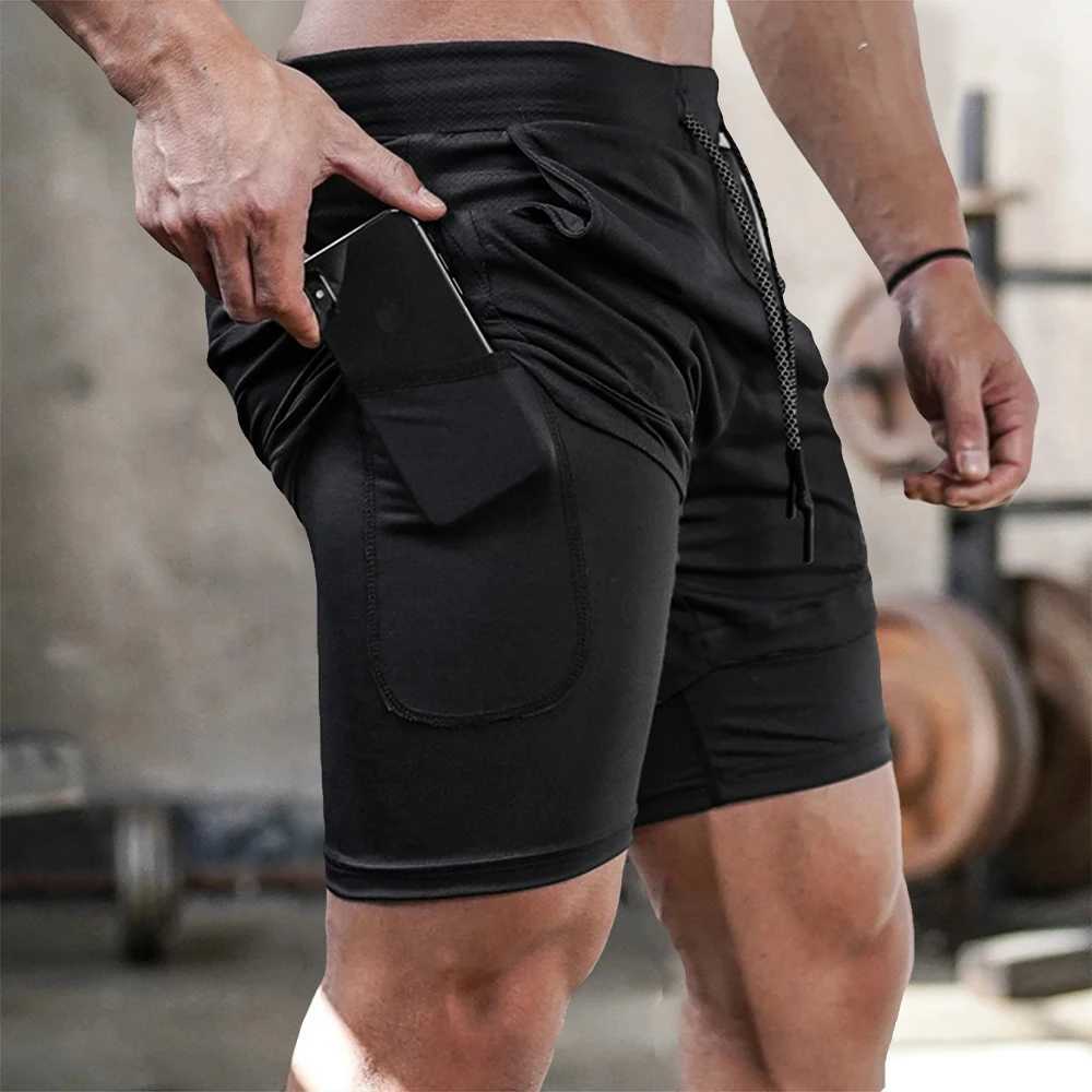 Men's Shorts Mens Double Layer Fitness Shorts Drawstring Mesh Lining Elastic Waist Breathable Quick Dry Sportswear Jogger Short Male Y240507