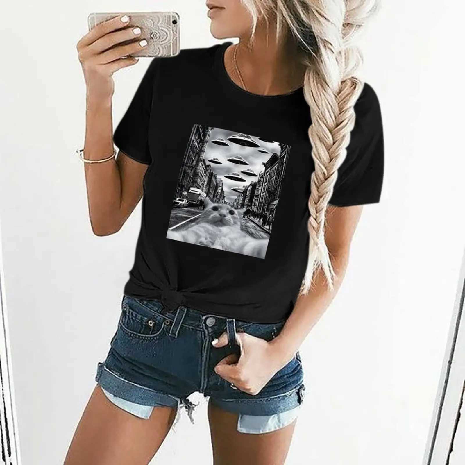 Damen T-Shirt Retro Katze UFO Selfie Lustig Alien Humor Premium T-Shirt Grafik Shirt Casual Shirt weiblich T-Shirt Größe S-4xl Y240506