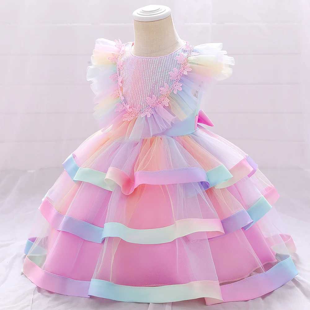 Mädchenkleider Baby Girls Blumenkleid Regenbogen Meerjungfrau Erst Geburtstag Prinzessin Party Hochzeit Kinderkleid Kleid Girl Baptist Braut Abend Dressl2405