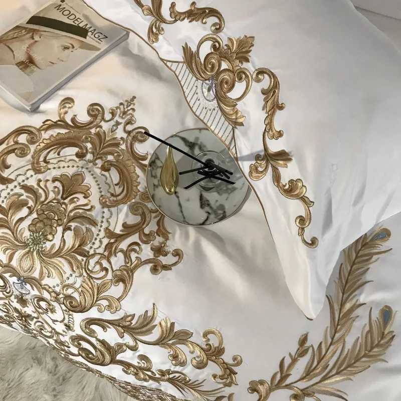 Bedding Sets Luxury White 60s Satin Cotton Cotton Royal Gold Gold Bordado 4/Bedding macio e liso lençóis de cama de edredom de edredão travesseiros J240507