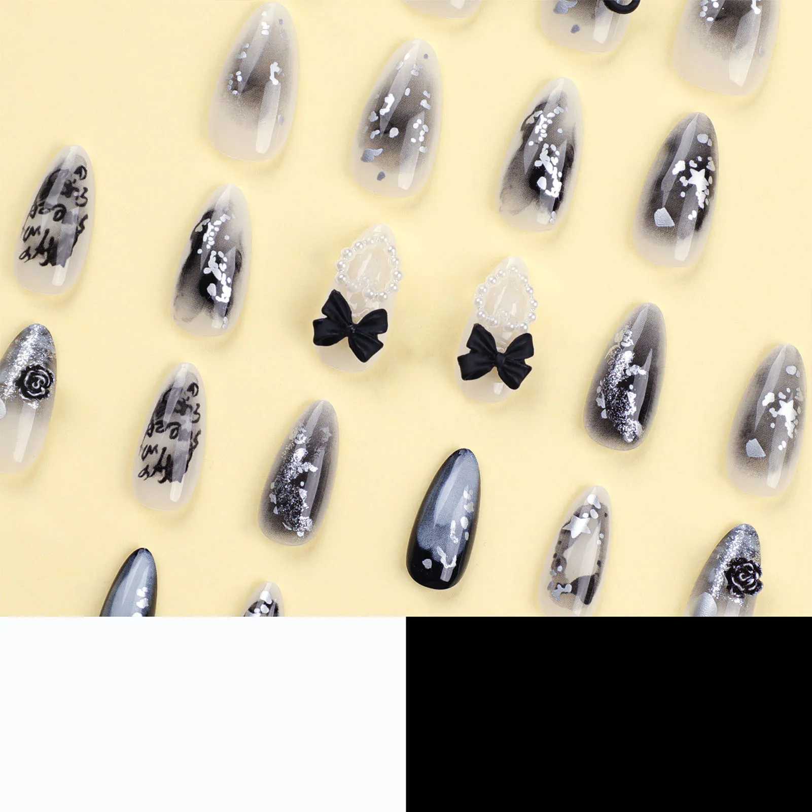 Faux Nails Black Bowknot Design Faux Nails INS KOREAN SWT AMANDE FAUX Nails Conseils pour filles portables Couverture complète Nouvelle presse sur Nail T240507