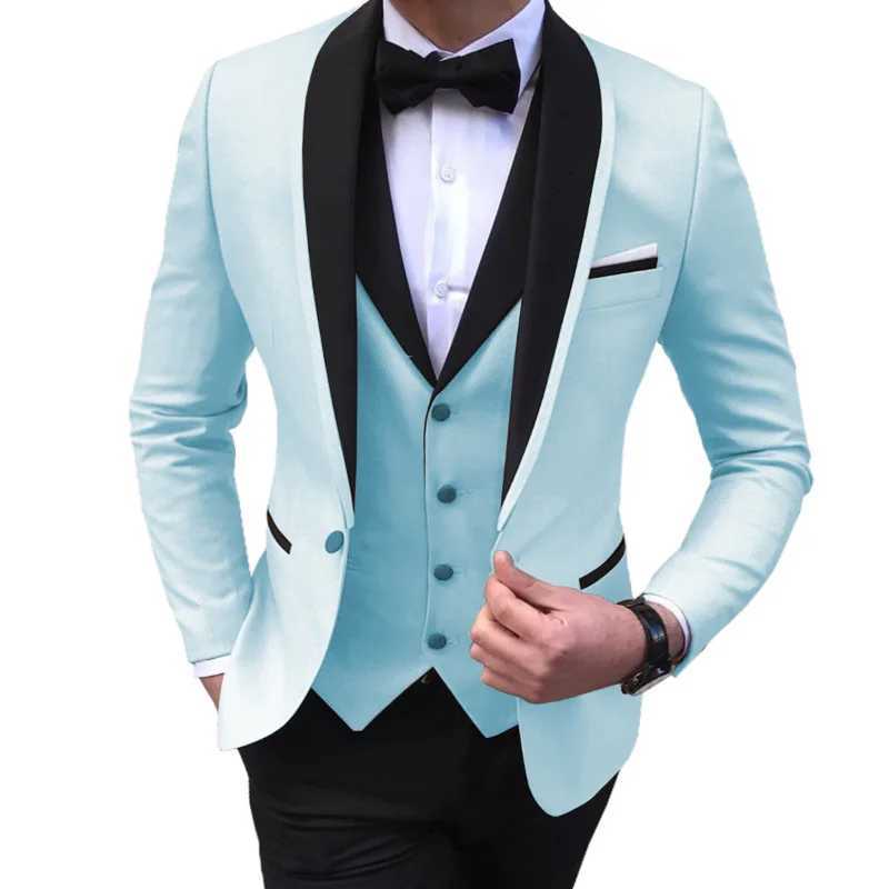 남자 양복 블레이저 블라버 블루 슬릿 남성 세트 웨딩 신랑을위한 3 피스 블랙 숄 라펠 캐주얼 테일 코트 2020 재킷+탱크 탑+바지 Q240507