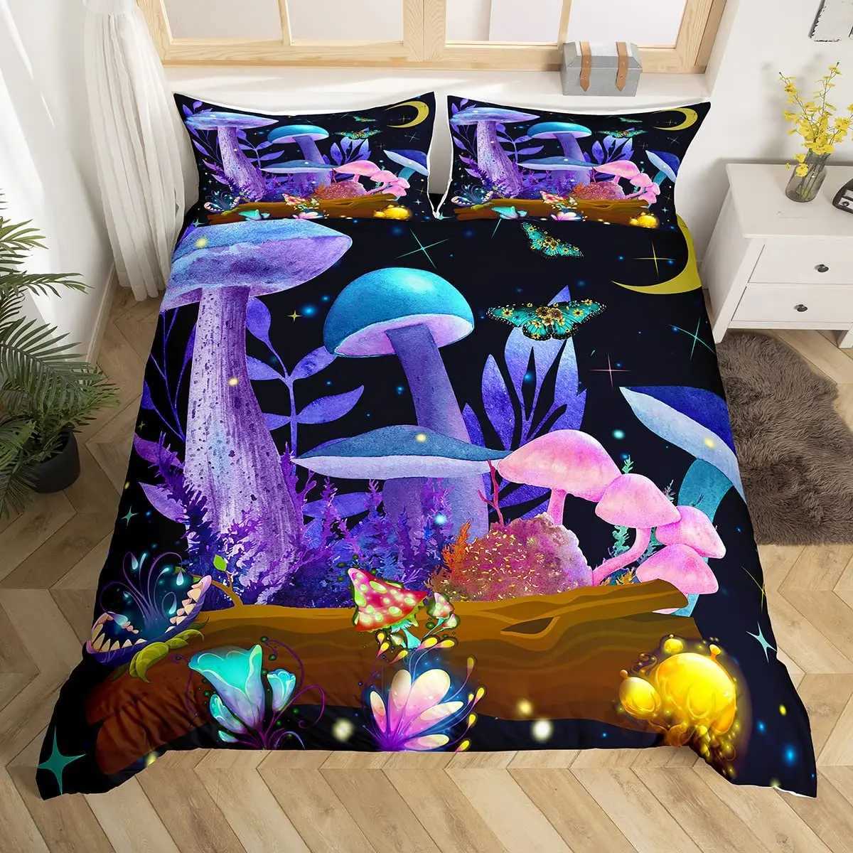 Sängkläder sätter svamp ner täcken täckning i stor storlek Golden Moon Star Bedding Set Psychedelic Moth Paint Planet Leaf Flower Bekväm set J240507