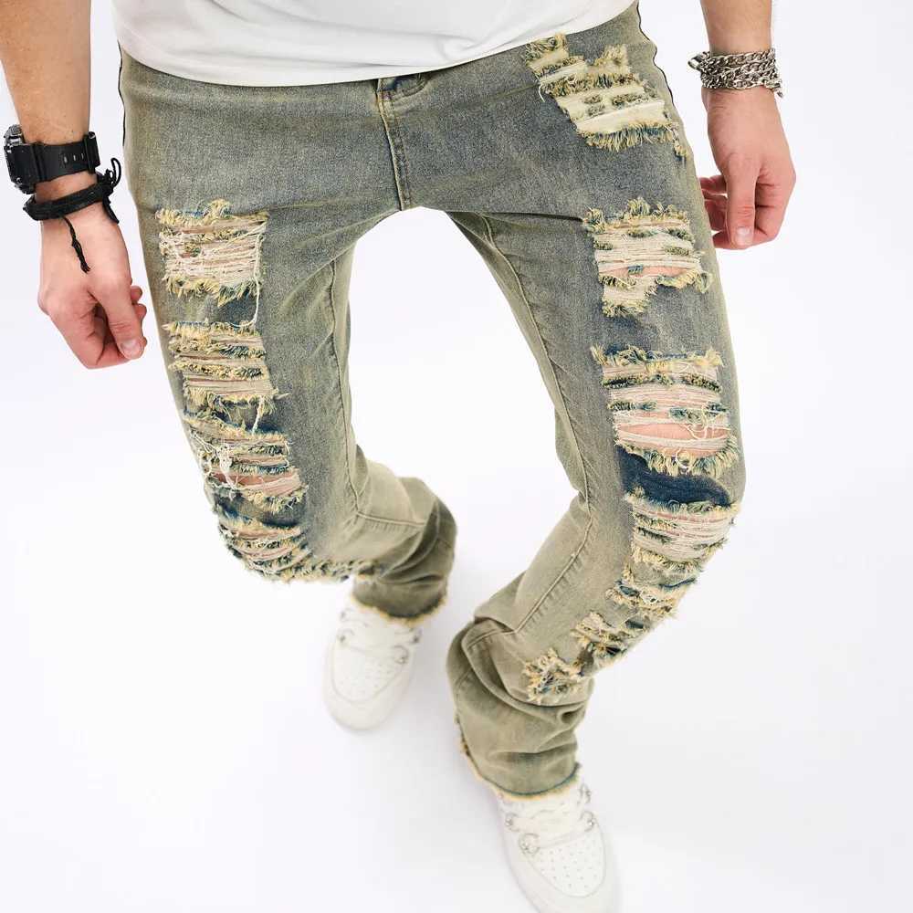 Jeans masculin mode trous vintage mascules hop slim jeans pantalon mâle strtwear déchiré de jogging décontracté solide pantalon denim y240507