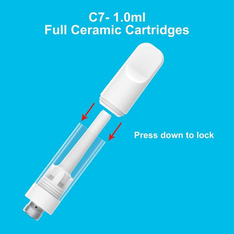 Pełne ceramiczne vapes c7 kasety białe 0,5 ml 1,0 ml ołów wolne od dziecka pchnięcie pchnięcie czysty wszystkie ceramiczne zbiorniki gwintu 510 puste jednorazowe wózki z piórem Vape Atomizery OEM/ODM zbiornik