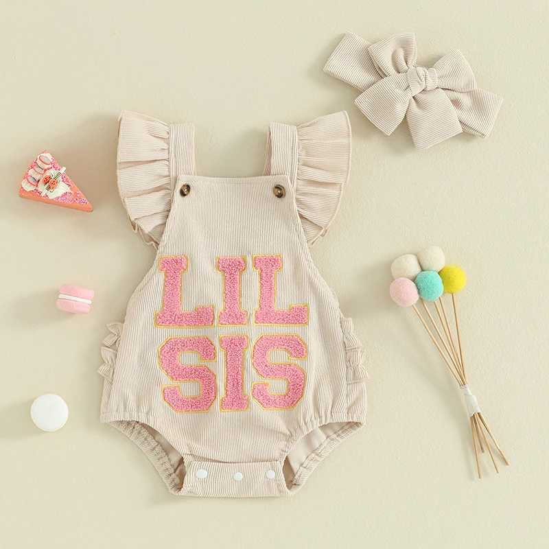 Rompers Neworn Kind Baby Girl Girl Romper Bodysuit Ruffle Elcufle Ruffle Black Lil Sis вышивка 1 -й части. Летнее наряд H240508