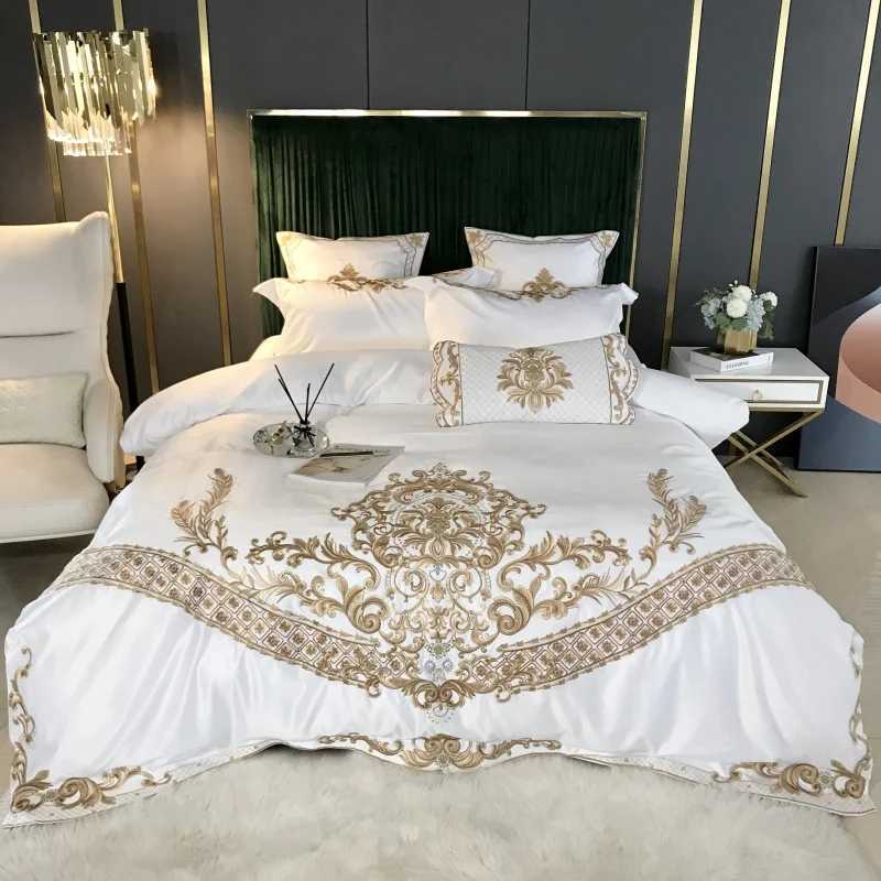 Bedding Sets Luxury White 60s Satin Cotton Cotton Royal Gold Gold Bordado 4/Bedding macio e liso lençóis de cama de edredom de edredão travesseiros J240507