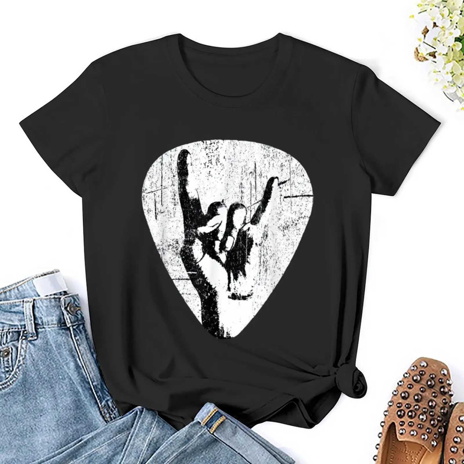 T-shirt da donna Lightn Hand Hand Hand Punk Rock Shirt Pick Cuittazione Bass Caglietta in difficoltà Shirt grafico Casualmente Short Shord Fling Fl-Shirt T-Shirt Y240506