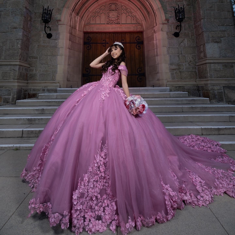 Luksusowe sukienki Quinceanera wdzięczny brokat z ramion księżniczki Koraliki kwiatowe Słodka 16 sukienka Vestidos 15 de anos
