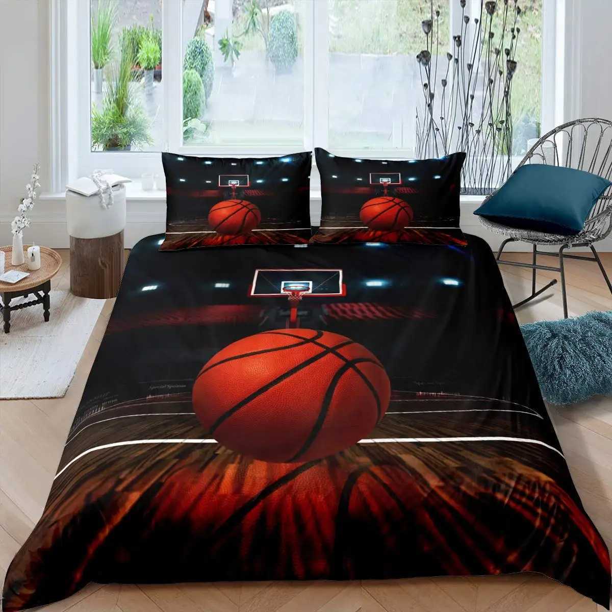 Ensemble de literie Basketball Down Cover Cover Set Black 3D Ball Sports Tarif Lither Set Ultra-Fine Fiber Basketball Court Game King Couverture J240507 J240507