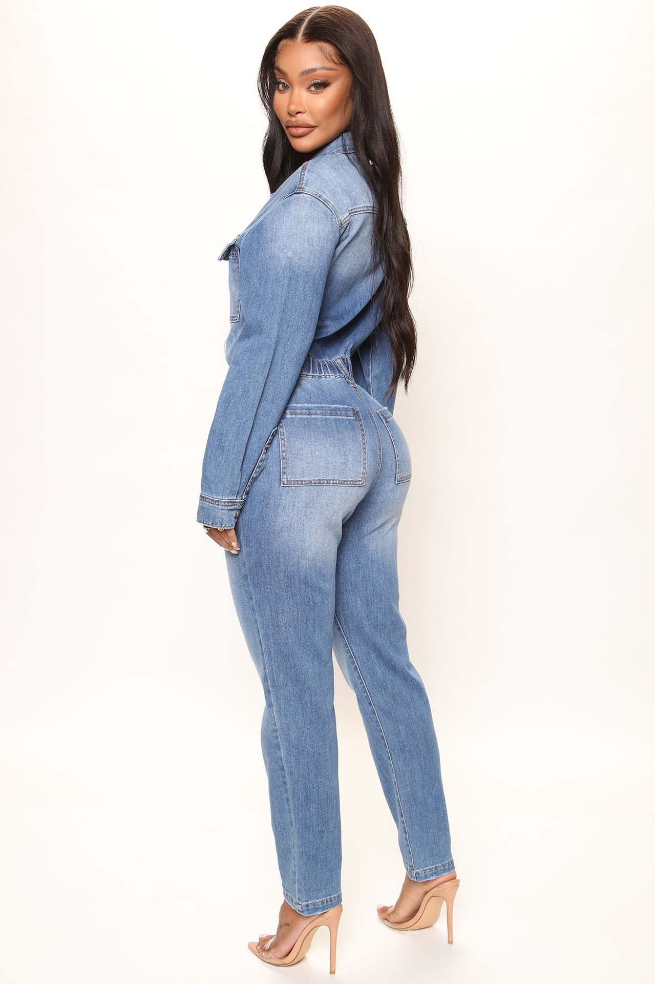 Women Jumpsuits Sexy Button Down Slim Fit V Neck Long Sleeve Denim Jumpsuit Fashion Lapel Full Length Jeans Rompers Overalls