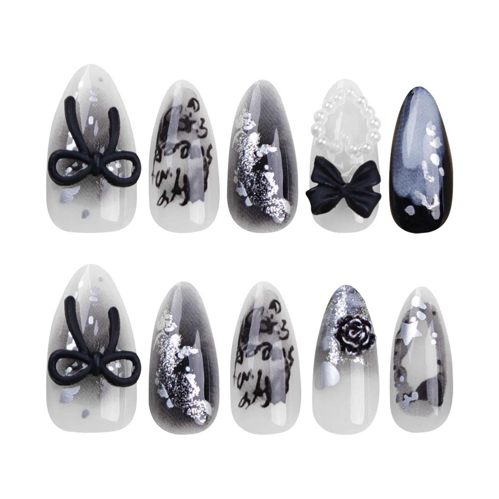 Faux Nails Black Bowknot Design Faux Nails INS KOREAN SWT AMANDE FAUX Nails Conseils pour filles portables Couverture complète Nouvelle presse sur Nail T240507